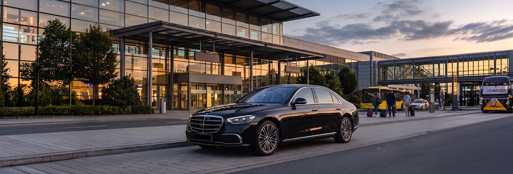 Bergen Airport terminal with chauffeur car waiting